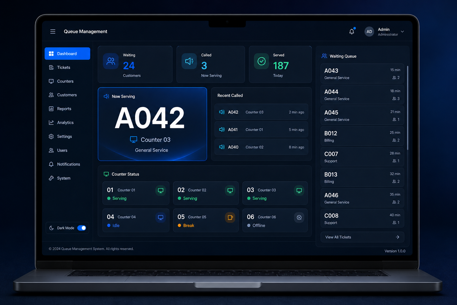 Queue Management System Dashboard — لوحة تحكم نظام الأدوار